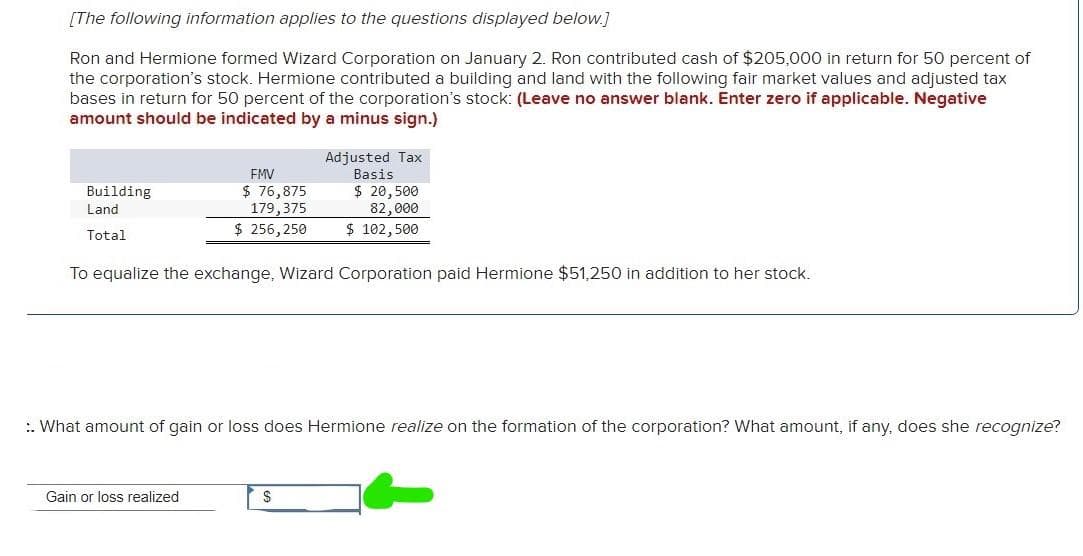 [The following information applies to the questions displayed below.]
Ron and Hermione formed Wizard Corporation on January 2. Ron contributed cash of $205,000 in return for 50 percent of
the corporation's stock. Hermione contributed a building and land with the following fair market values and adjusted tax
bases in return for 50 percent of the corporation's stock: (Leave no answer blank. Enter zero if applicable. Negative
amount should be indicated by a minus sign.)
Building
Land
Total
FMV
$ 76,875
179,375
$ 256,250
To equalize the exchange, Wizard Corporation paid Hermione $51,250 in addition to her stock.
Gain or loss realized
Adjusted Tax
Basis
$ 20,500
82,000
$ 102,500
:. What amount of gain or loss does Hermione realize on the formation of the corporation? What amount, if any, does she recognize?
$