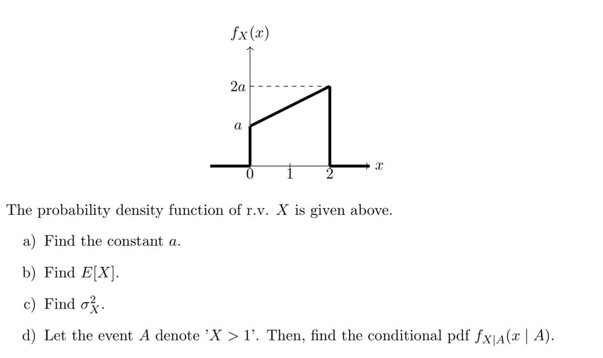 fx(x)
2a
a
2
X
The probability density function of r.v. X is given above.
a) Find the constant a.
b) Find E[X].
c) Find o.
d) Let the event A denote 'X > 1'. Then, find the conditional pdf fx|4(x | A).