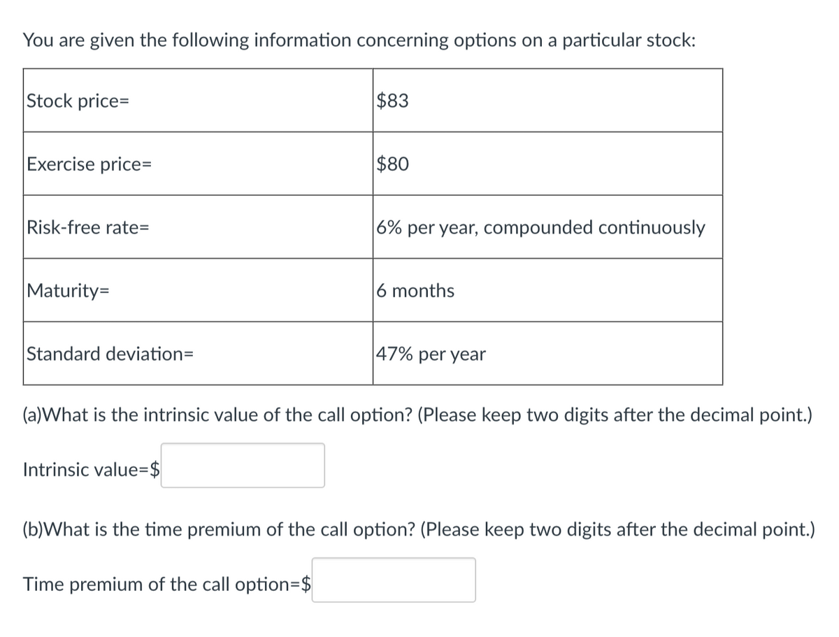 You are given the following information concerning options on a particular stock:
Stock price=
Exercise price=
Risk-free rate=
Maturity=
Standard deviation=
$83
Intrinsic value=$
$80
6% per year, compounded continuously
6 months
47% per year
(a)What is the intrinsic value of the call option? (Please keep two digits after the decimal point.)
(b)What is the time premium of the call option? (Please keep two digits after the decimal point.)
Time premium of the call option=$
