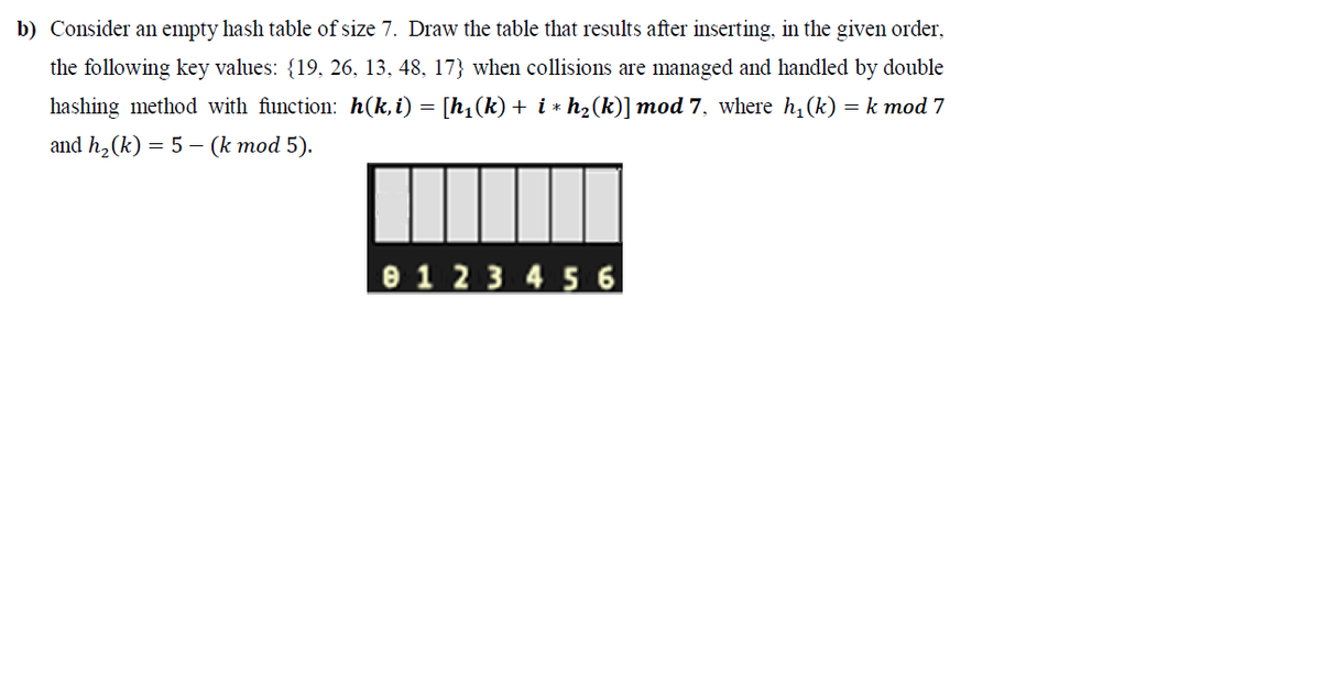 b) Consider an empty hash table of size 7. Draw the table that results after inserting, in the given order,
the following key values: {19, 26, 13, 48, 17} when collisions are managed and handled by double
hashing method with function: h(k, i) = [h,(k) + i * h2(k)] mod 7, where h, (k) =k mod 7
and h, (k) = 5 – (k mod 5).
0 1 2 3 4 5 6
