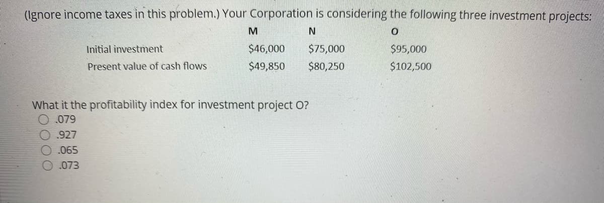 (Ignore income taxes in this problem.) Your Corporation is considering the following three investment projects:
M
N
Initial investment
$46,000
$75,000
$95,000
Present value of cash flows
$49,850
$80,250
$102,500
What it the profitability index for investment project O?
.079
927
O.065
O.073
