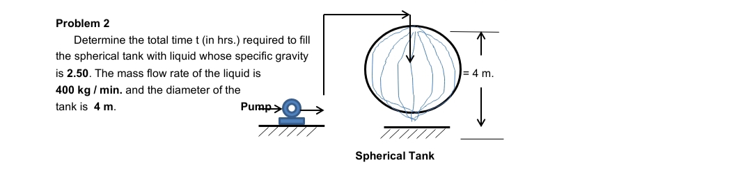 Problem 2
Determine the total time t (in hrs.) required to fill
the spherical tank with liquid whose specific gravity
is 2.50. The mass flow rate of the liquid is
400 kg / min. and the diameter of the
= 4 m.
tank is 4 m.
Pump>
Spherical Tank
