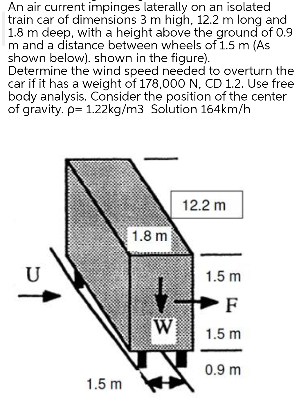 An air current impinges laterally on an isolated
train car of dimensions 3 m high, 12.2 m long and
1.8 m deep, with a height above the ground of 0.9
m and a distance between wheels of 1.5 m (As
shown below). shown in the figure).
Determine the wind speed needed to overturn the
car if it has a weight of 178,000 N, CD 1.2. Use free
body analysis. Consider the position of the center
of gravity. p= 1.22kg/m3 Solution 164km/h
U
1.5 m
1.8 m
W
12.2 m
1.5 m
F
1.5 m
0.9 m