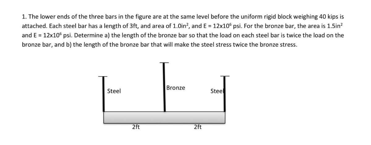 1. The lower ends of the three bars in the figure are at the same level before the uniform rigid block weighing 40 kips is
attached. Each steel bar has a length of 3ft, and area of 1.0in², and E = 12x10 psi. For the bronze bar, the area is 1.5in²
and E = 12x10 psi. Determine a) the length of the bronze bar so that the load on each steel bar is twice the load on the
bronze bar, and b) the length of the bronze bar that will make the steel stress twice the bronze stress.
Bronze
Steel
Steel
2ft
2ft