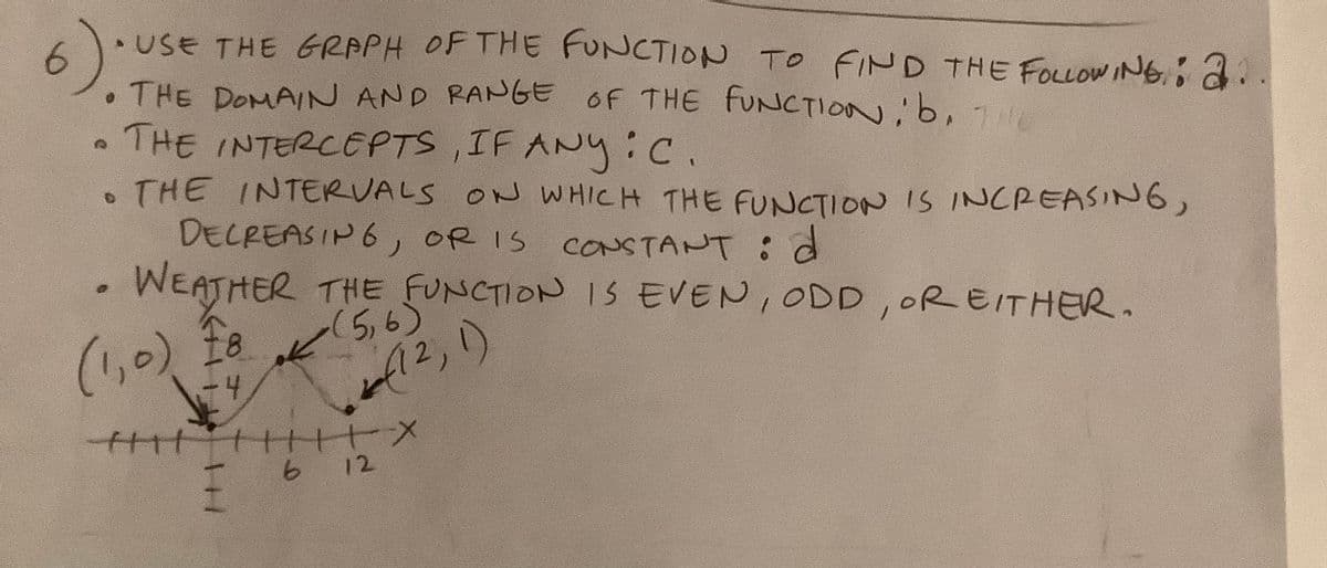 6). USE THE GRAPH OF THE FUNCTION TO FIND THE FOLLOWING: 2.
• THE DOMAIN AND RANGE OF THE FUNCTION; b. 7/10
THE INTERCEPTS, IF ANY:C.
• THE INTERVALS ON WHICH THE FUNCTION IS INCREASING,
DECREASING, OR IS CONSTANT: d
0
WEATHER THE FUNCTION IS EVEN, ODD, OR EITHER.
(1,0) 18
-4
(12, 1)
tttt
+++X
12
b