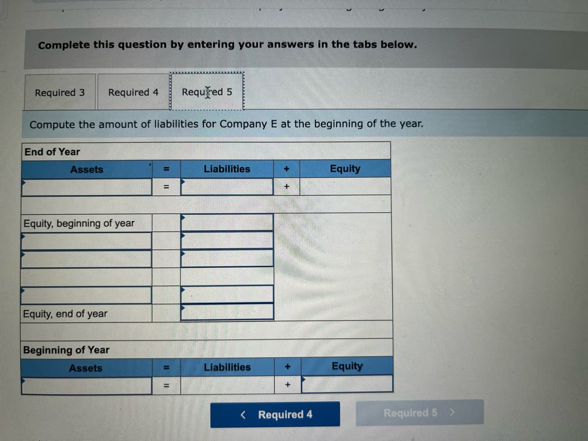 Complete this question by entering your answers in the tabs below.
Required 3
Required 4
Requred 5
Compute the amount of liabilities for Company E at the beginning of the year.
End of Year
Assets
Liabilities
Equity
%3D
+
Equity, beginning of year
Equity, end of year
Beginning of Year
Assets
Liabilities
Equity
%3D
%3D
< Required 4
Required 5 >
