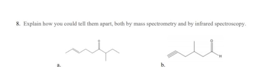 8. Explain how you could tell them apart, both by mass spectrometry and by infrared spectroscopy.
a.
b.
