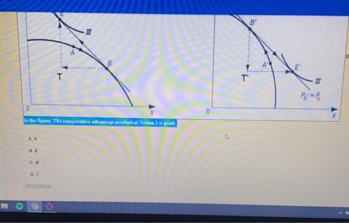 A.X
0
to the figure. The comparative advantage product of Nation 2 is good:
B.E
C. B
T
D.Y
B
B'
T'
III
P₁ = P