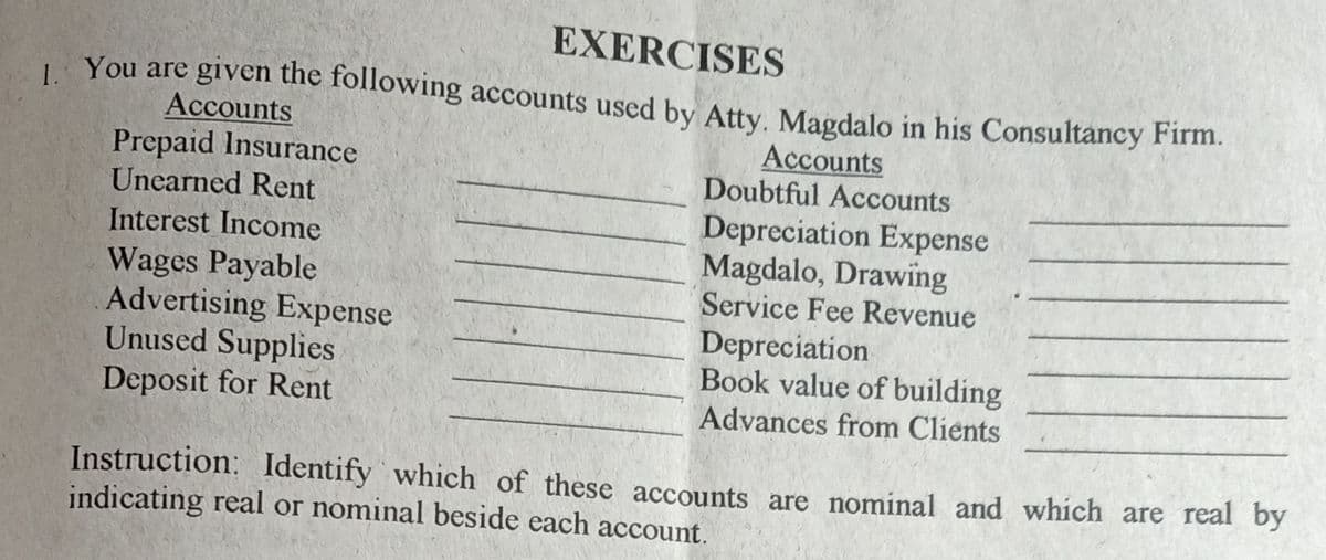 EXERCISES
| You are given the following accounts used by Atty, Magdalo in his Consultancy Firm.
Accounts
Prepaid Insurance
Unearned Rent
Accounts
Doubtful Accounts
Depreciation Expense
Magdalo, Drawing
Service Fee Revenue
Interest Income
Wages Payable
Advertising Expense
Unused Supplies
Deposit for Rent
Depreciation
Book value of building
Advances from Clients
Instruction: Identify which of these accounts are nominal and which are real by
indicating real or nominal beside each account.
