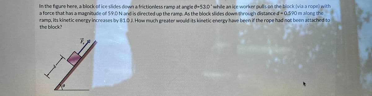 In the figure here, a block of ice slides down a frictionless ramp at angle 0-53.0° while an ice worker pulls on the block (via a rope) with
a force that has a magnitude of 59.0 N and is directed up the ramp. As the block slides down through distance d = 0.590 m along the
ramp, its kinetic energy increases by 81.0 J. How much greater would its kinetic energy have been if the rope had not been attached to
the block?
jumped
0