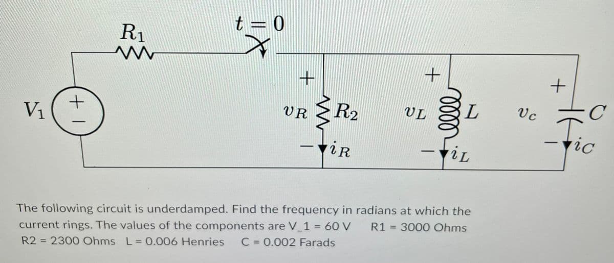 V₁
+1
R₁
t 0
+
VR R₂
Ꭱ
-
-ViR
+
UL
-
moo
L
iL
The following circuit is underdamped. Find the frequency in radians at which the
current rings. The values of the components are V_1 = 60 V R1 = 3000 Ohms
R2 = 2300 Ohms L = 0.006 Henries C = 0.002 Farads
Vc
+
-
C
ic