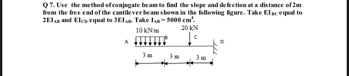 Q7. Use the method of conjugate beam to find the slope and defection at a distance of 2m
from the free end of the cantilever be am shown in the following figure. Take EIBC equal to
2EIAB and EICD equal to 3EIAB. Take IAB = 5000 cm¹.
20 kN
10 kN/m
с
A
3 m
3 m
3m
D