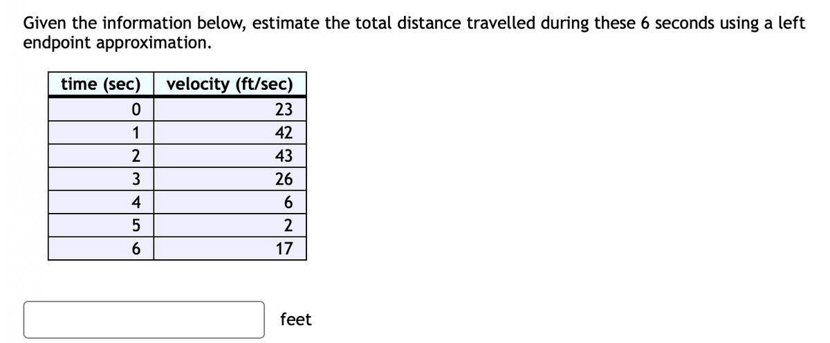 Given the information below, estimate the total distance travelled during these 6 seconds using a left
endpoint approximation.
time (sec)
velocity (ft/sec)
23
1
42
2
43
3
26
4
5
2
6.
17
feet
