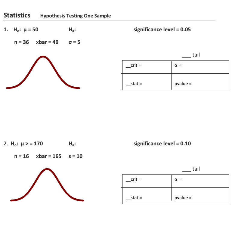 Statistics Hypothesis Testing One Sample
H₂:
o=5
1. Ho: μ = 50
n = 36 xbar = 49
2. Ho: μ>= 170
n = 16
H₂:
xbar = 165 s = 10
significance level = 0.05
_crit:
_stat =
_crit =
α =
significance level = 0.10
stat =
pvalue=
α =
pvalue =
tail
tail