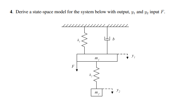 4. Derive a state-space model for the system below with output, y₁ and y₂ input F.
1/1
k₁
m,
2