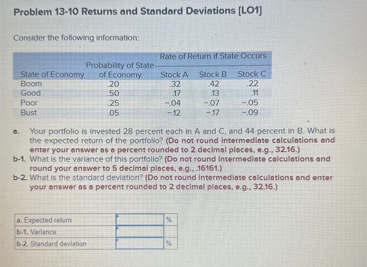 Problem 13-10 Returns and Standard Deviations [LO1]
Consider the following information:
Rate of Return if State Occurs
Probability of State
State of Economy
of Economy
Stock A
Stock B
Stock C
Boom
20
32
42
22
Good
50
17
13
11
Poor
25
Bust
05
-04
-12
=.07
=.05
-17
-09
8. Your portfolio is invested 28 percent each in A and C, and 44 percent in B. What is
the expected return of the portfolio? (Do not round intermediate calculations and
enter your answer as a percent rounded to 2 decimal places, e.g., 32.16.)
b-1. What is the variance of this portfolio? (Do not round intermediate calculations and
round your answer to 5 decimal places, e.g., .16161.)
b-2. What is the standard deviation? (Do not round intermediate calculations and enter
your answer as a percent rounded to 2 decimal places, e.g., 32.16.)
a. Expected return
b-1. Variance
b-2. Standard deviation
%
%