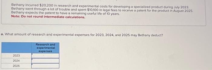 Bethany incurred $20,200 in research and experimental costs for developing a specialized product during July 2023.
Bethany went through a lot of trouble and spent $10,100 in legal fees to receive a patent for the product in August 2025.
Bethany expects the patent to have a remaining useful life of 10 years.
Note: Do not round intermediate calculations.
a. What amount of research and experimental expenses for 2023, 2024, and 2025 may Bethany deduct?
Research and
experimental
expenses
2023
2024
2025