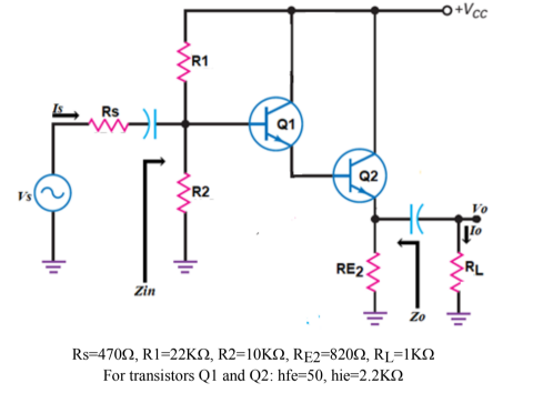 o+Vc
R1
Q1
Q2
R2
Vs
RE2
zin
Zo
Rs-470Ω, R1 =22ΚΩ, R2-10KΩ, RE2=820Ω2, RL-IΚΩ
For transistors Ql and Q2: hfe=50, hie=2.2KN
