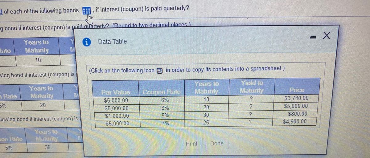 d of each of the following bonds, if interest (coupon) is paid quarterly?
g bond if interest (coupon) is paid auarterv? (Round to two decimal places)
- X
Years to
i Data Table
tate
Maturity
10
(Click on the following icon in order to copy its contents into a spreadsheet.)
wing bond if interest (coupon) is
Years to
Maturity
Yiekd to
Maturity
Price
Maturly
10
Par Value
Coupon ale
n Rate
$3,740.00
6%
8%
5%
7%
$5,000.00
3%
20
$5,000,00
$1,000.00
$5.000.00
20
30
25
55,000.00
$800.00
$4.900 00
lowing bond if interest (coupon) is
Years to
Matuity
on Rate
Print
Done
5%
30
