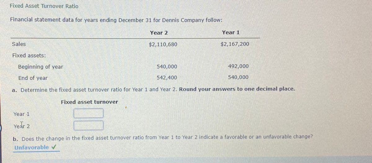 Fixed Asset Turnover Ratio
Financial statement data for years ending December 31 for Dennis Company follow:
Year 2
Year 1
Sales
$2,110,680
$2,167,200
Fixed assets:
Beginning of year
540,000
492,000
End of year
542,400
540,000
a. Determine the fixed asset turnover ratio for Year 1 and Year 2. Round your answers to one decimal place.
Fixed asset turnover
Year 1
Year 2
b. Does the change in the fixed asset turnover ratio from Year 1 to Year 2 indicate a favorable or an unfavorable change?
Unfavorable v
