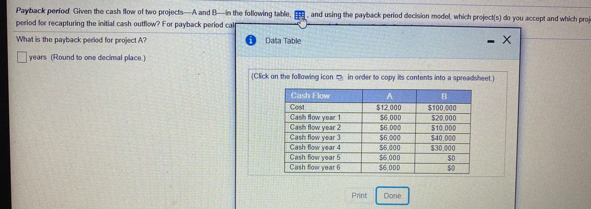 Payback period. Given the cash flow of two projects-A and B-in the following table,
and using the payback period decision model, which project(s) do you accept and which proje
period for recapturing the initial cash outflow? For payback period calp
What is the payback period for project A?
6 Data Table
- X
years (Round to one decimal place.)
(Click on the following icon D in order to copy its contents into a spreadsheet.)
Cash Flow
B.
Cost
Cash flow year 1
Cash flow year 2
Cash flow year 3
Cash flow year 4
Cash flow year 5
Cash flow
$12,000
$6,000
$6,000
$6,000
$100,000
$20,000
$10,000
$40,000
$6,000
$30,000
SO
$6,000
$6,000
year
6.
SO
Print
Done
