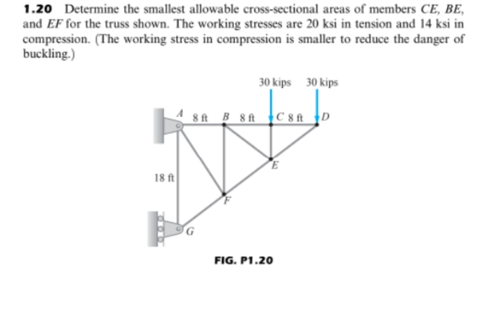 1.20 Determine the smallest allowable cross-sectional areas of members CE, BE,
and EF for the truss shown. The working stresses are 20 ksi in tension and 14 ksi in
compression. (The working stress in compression is smaller to reduce the danger of
buckling.)
30 kips 30 kips
8 ft B 8 ft
C8A D
E
FIG. P1.20
T
18 ft