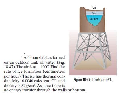 Air
Ice
Water
A 5.0 cm slab has formed
on an outdoor tank of water (Fig.
18-47). The air is at – 10°C. Find the
rate of ice formation (centimeters
per hour). The ice has thermal con-
ductivity 0.0040 cal/s-cm-C and
density 0.92 g/cm. Assume there is
no energy transfer through the walls or bottom.
Figure 18-47 Problem 61.
