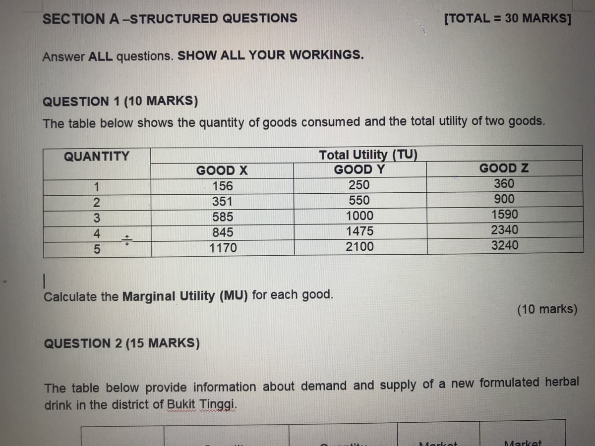 SECTION A-STRUCTURED QUESTIONS
[TOTAL = 30 MARKS]
Answer ALL questions. SHOW ALL YOUR WORKINGS.
QUESTION 1 (10 MARKS)
The table below shows the quantity of goods consumed and the total utility of two goods.
Total Utility (TU)
GOOD Y
QUANTITY
GOOD X
GOOD Z
156
250
360
351
550
900
585
1000
1590
845
1475
2340
1170
2100
3240
Calculate the Marginal Utility (MU) for each good.
(10 marks)
QUESTION 2 (15 MARKS)
The table below provide information about demand and supply of a new formulated herbal
drink in the district of Bukit Tinggi.
Markkat
Market
12345
