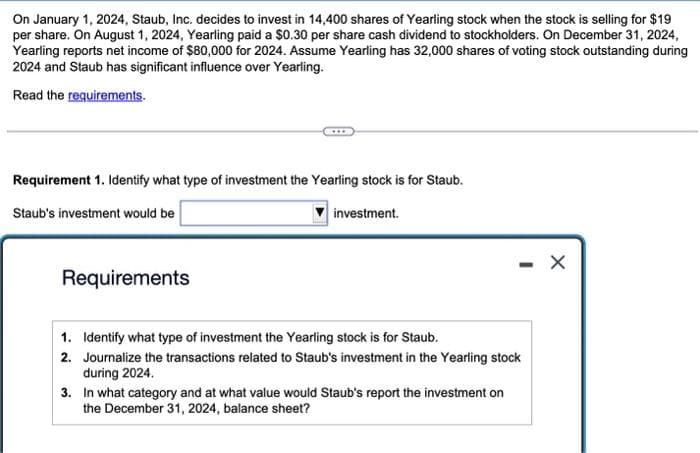 On January 1, 2024, Staub, Inc. decides to invest in 14,400 shares of Yearling stock when the stock is selling for $19
per share. On August 1, 2024, Yearling paid a $0.30 per share cash dividend to stockholders. On December 31, 2024,
Yearling reports net income of $80,000 for 2024. Assume Yearling has 32,000 shares of voting stock outstanding during
2024 and Staub has significant influence over Yearling.
Read the requirements.
Requirement 1. Identify what type of investment the Yearling stock is for Staub.
Staub's investment would be
investment.
Requirements
1. Identify what type of investment the Yearling stock is for Staub.
2. Journalize the transactions related to Staub's investment in the Yearling stock
during 2024.
3. In what category and at what value would Staub's report the investment on
the December 31, 2024, balance sheet?
X