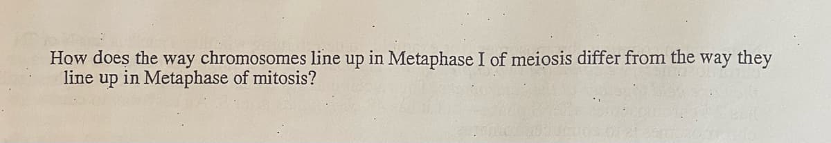 How does the way chromosomes line up in Metaphase I of meiosis differ from the way they
line
up
in Metaphase of mitosis?
