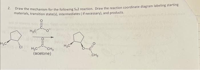 2. Draw the mechanism for the following Sw2 reaction. Draw the reaction coordinate diagram labeling starting
materials, transition state(s), intermediates (if necessary), and products.
H₂C
Ath
CH₂
H₂C
(acetone)
H₂C
H₂C
CH3