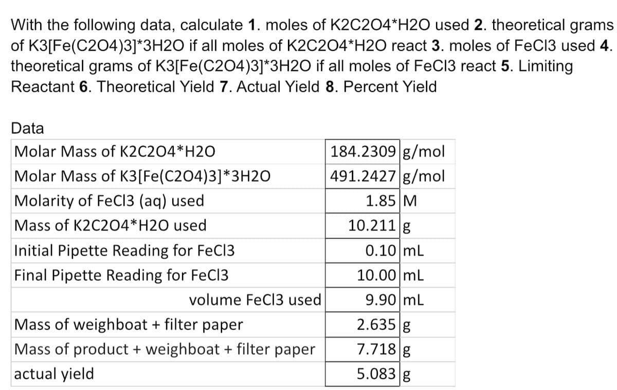 With the following data, calculate 1. moles of K2C2O4*H2O used 2. theoretical grams
of K3[Fe(C2O4)3] *3H2O if all moles of K2C2O4*H2O react 3. moles of FeCl3 used 4.
theoretical grams of K3[Fe(C2O4)3] *3H2O if all moles of FeCl3 react 5. Limiting
Reactant 6. Theoretical Yield 7. Actual Yield 8. Percent Yield
Data
Molar Mass of K2C2O4*H20
184.2309 g/mol
Molar Mass of K3 [Fe(C2O4)3]*3H2O
491.2427 g/mol
Molarity of FeCl3 (aq) used
Mass of K2C2O4* H2O used
Initial Pipette Reading for FeCl3
1.85 M
10.211 g
0.10 mL
Final Pipette Reading for FeCl3
10.00 mL
volume FeCl3 used
9.90 mL
Mass of weigh boat + filter paper
2.635 g
Mass of product + weighboat + filter paper
7.718 g
actual yield
5.083 g