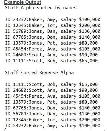 Example Output
Staff Alpha sorted by names
ID 23232:Baker, Amy, salary $100,000
ID 12345:Baker, Tom, salary $200,000
ID 56789:Jones, Dan, salary $130,000
ID 67765:Jones, Don, salary $140,000
ID 13579:Jones, Pat, salary $80,000
ID 45454:Perez, Ava, salary $105,000
ID 24680:Scott, Ann, salary $90,000
ID 11111:Scott, Bob, salary $65,000
Staff sorted Reverse Alpha
ID 11111:Scott, Bob, salary $65,000
ID 24680:Scott, Ann, salary $90,000
ID 45454:Perez, Ava, salary $105,000
ID 13579:Jones, Pat, salary $80,000
ID 67765:Jones, Don, salary $140,000
ID 56789:Jones, Dan, salary $130,000
ID 12345:Baker, Tom, salary $200,000
ID 23232:Baker, Amy, salary $100,000

