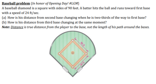 Baseball problem (in honor of Opening Day! #LGM)
A baseball diamond is a square with sides of 90 feet. A batter hits the ball and runs toward first base
with a speed of 24 ft/sec.
(a) How is his distance from second base changing when he is two-thirds of the way to first base?
(b) How is his distance from third base changing at the same moment?
Note: Distance is true distance from the player to the base, not the length of his path around the bases.
