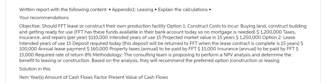 Written report with the following content: • Appendix1: Leasing Explain the calculations.
Your recommendations
Objective: Should FFT lease or construct their own production facility Option 1: Construct Costs to incur: Buying land, construct building
and getting ready for use (FFT has these funds available in their bank account today so no mortgage is needed) $ 1,200,000 Taxes,
insurance, and repairs (per year) $110,000 Intended years of use 15 Projected market value in 15 years $ 1,250,000 Option 2: Lease
Intended years of use 15 Deposit required today (this deposit will be returned to FFT when the lease contract is complete is 15 years) $
100,000 Annual lease payment $ 160,000 Property taxes (annual) to be paid by FFT $ 15,000 Insurance (annual) to be paid by FFT $
15,000 Required rate of return 8% Methodology: The consulting team is proposing to perform a NPV analysis and determine the
benefit to leasing or construction. Based on the analysis, they will recommend the preferred option (construction or leasing
Solution in this
Item Year(s) Amount of Cash Flows Factor Present Value of Cash Flows