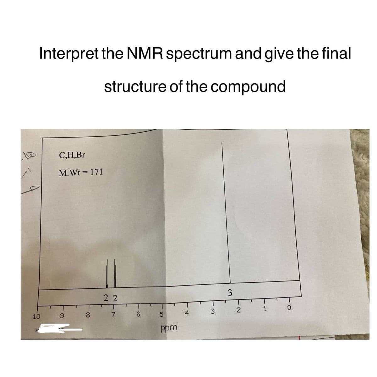 Interpret the NMR spectrum and give the final
structure of the compound
10
C,H,Br
M.Wt = 171
9
-
8
217
22
T
6
5
сл
ppm
4
3
3
N
1
0