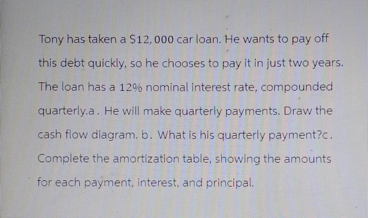 Tony has taken a $12,000 car loan. He wants to pay off
this debt quickly, so he chooses to pay it in just two years.
The loan has a 12% nominal interest rate, compounded
quarterly.a. He will make quarterly payments. Draw the
cash flow diagram. b. What is his quarterly payment?c.
Complete the amortization table, showing the amounts
for each payment, interest, and principal.