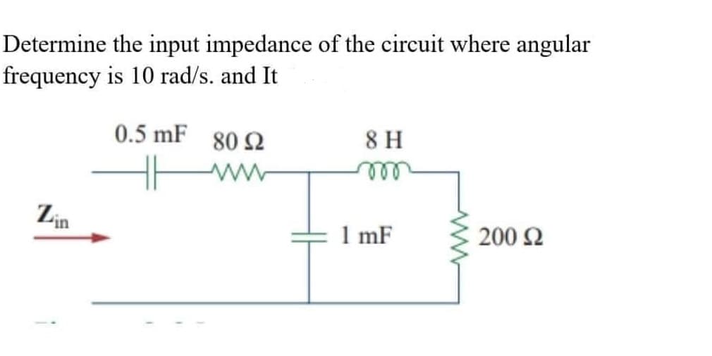 Determine the input impedance of the circuit where angular
frequency is 10 rad/s. and It
8 H
0.5 mF 80 2
www
200 £2
Lin
1 mF
ww