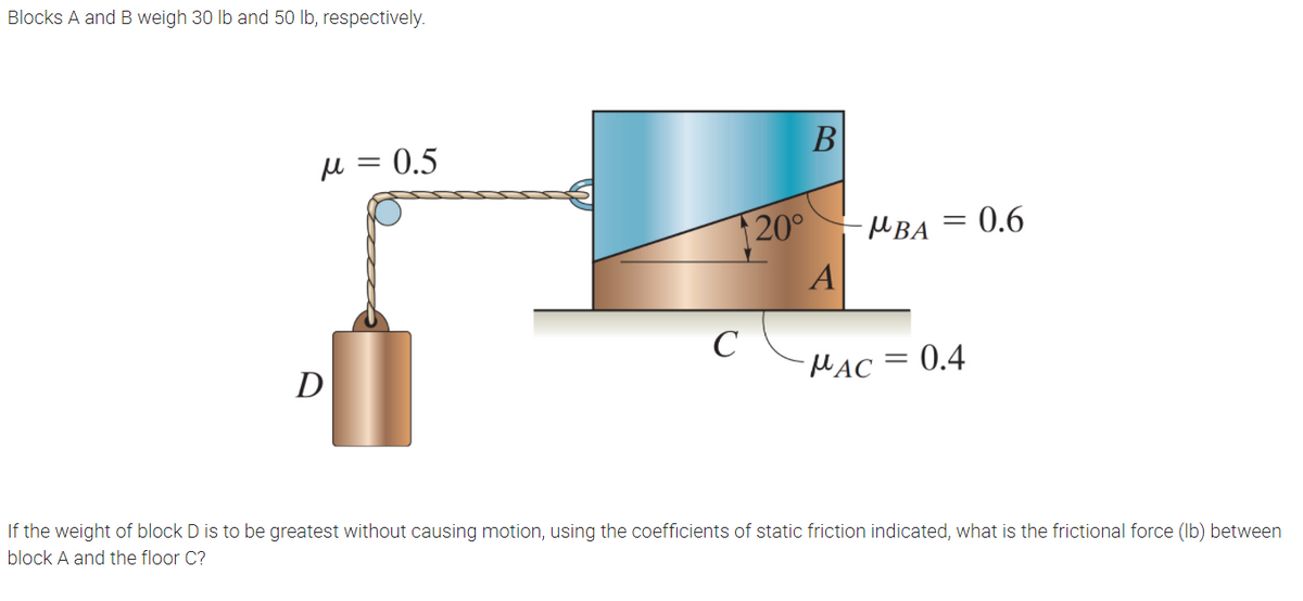 Blocks A and B weigh 30 lb and 50 lb, respectively.
В
M = 0.5
20°
MBA = 0.6
C
D
MẠC = 0.4
If the weight of block D is to be greatest without causing motion, using the coefficients of static friction indicated, what is the frictional force (Ib) between
block A and the floor C?
