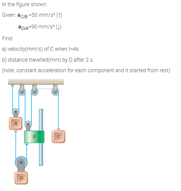In the figure shown:
Given: ac/B =50 mm/s2 (1)
aD/A=90 mm/s² (4)
Find:
a) velocity(mm/s) of C when t=4s
b) distance travelled(mm) by D after 2 s.
(note: constant acceleration for each component and it started from rest)
A
B
D
