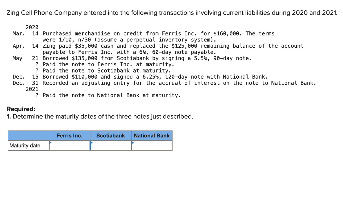 Zing Cell Phone Company entered into the following transactions involving current liabilities during 2020 and 2021.
2020
Mar.
14 Purchased merchandise on credit from Ferris Inc. for $160,000. The terms
were 1/10, n/30 (assume a perpetual inventory system).
14 Zing paid $35,000 cash and replaced the $125,000 remaining balance of the account
payable to Ferris Inc. with a 6%, 60-day note payable.
21 Borrowed $135,000 from Scotiabank by signing a 5.5%, 90-day note.
? Paid the note to Ferris Inc. at maturity.
? Paid the note to Scotiabank at maturity.
15 Borrowed $110,000 and signed a 6.25%, 120-day note with National Bank.
31 Recorded an adjusting entry for the accrual of interest on the note to National Bank.
2021
Apr.
Мay
Dec.
Dec.
Paid the not
to National Bank
maturity.
Required:
1. Determine the maturity dates of the three notes just described.
Ferris Inc.
Scotiabank
National Bank
Maturity date
