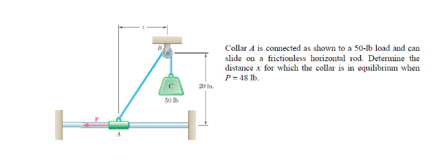 Collar A is connected as shown to a 50-lb load and can
slide on a frictionless horizontal rod. Determine the
distance x for which the collar is in equilibrium when
P = 48 Ib.
C
20 in.
50 Ib
