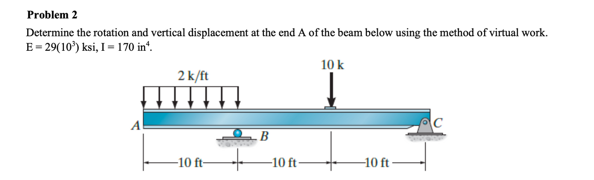 Problem 2
Determine the rotation and vertical displacement at the end A of the beam below using the method of virtual work.
E = 29(10³) ksi, I = 170 inª.
A
2 k/ft
-10 ft-
B
-10 ft
10 k
-10 ft
с