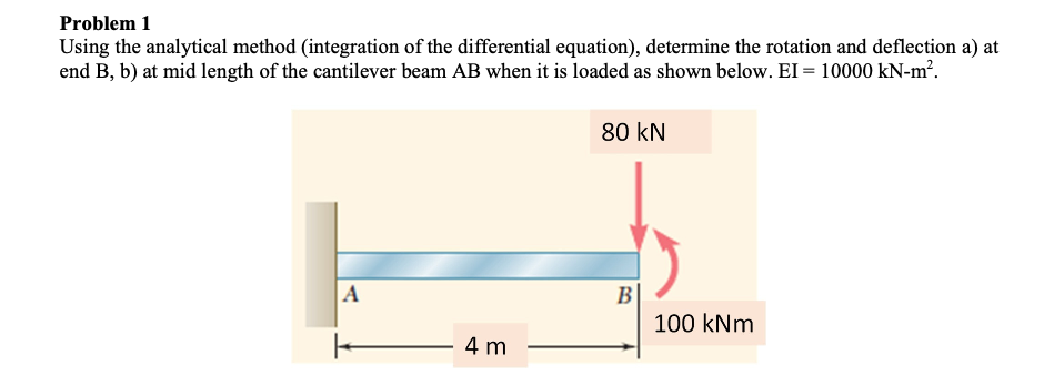 Problem 1
Using the analytical method (integration of the differential equation), determine the rotation and deflection a) at
end B, b) at mid length of the cantilever beam AB when it is loaded as shown below. EI = 10000 kN-m².
80 kN
A
B|
100 kNm
4 m
