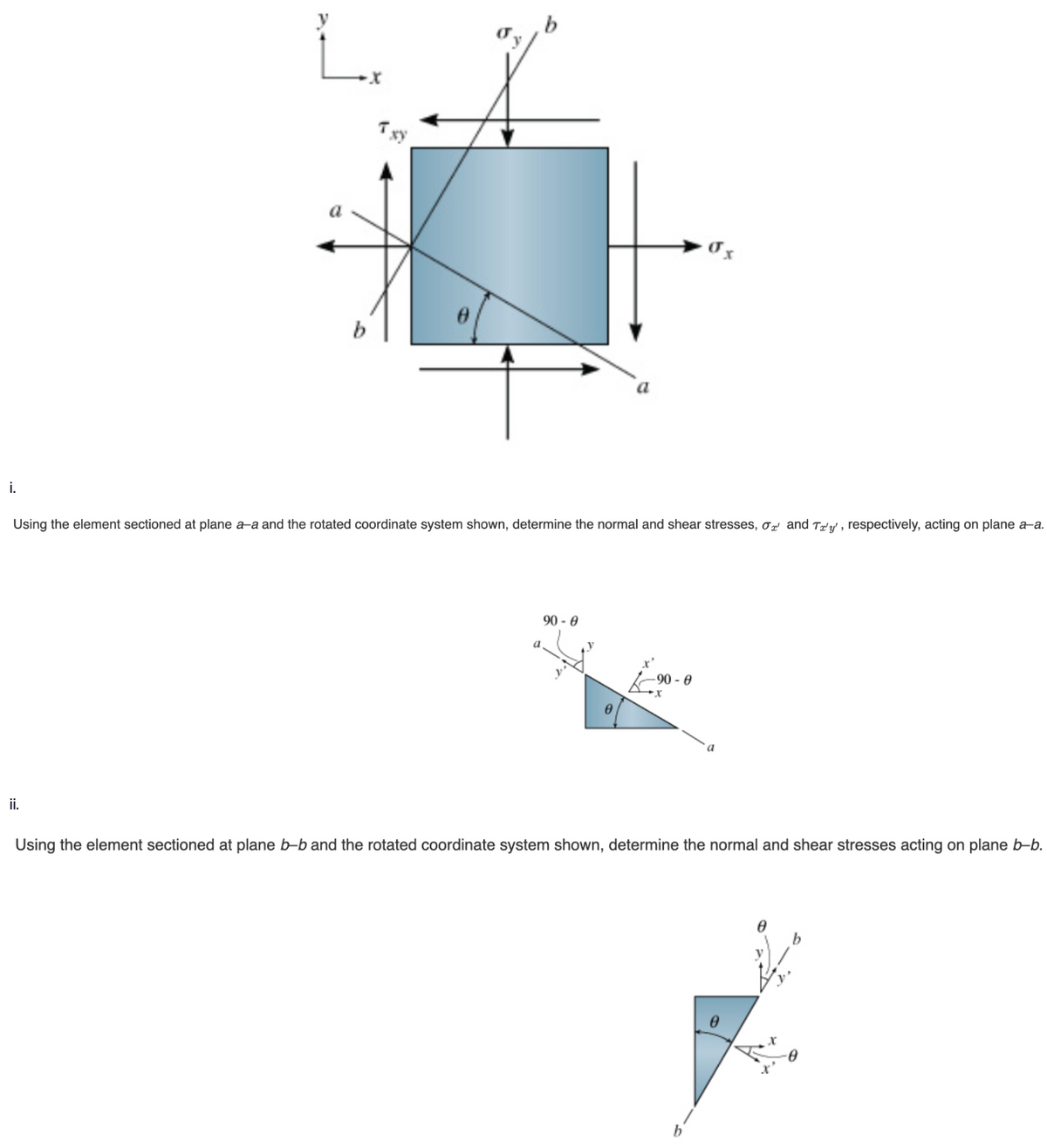 i.
Using the element sectioned at plane a-a and the rotated coordinate system shown, determine the normal and shear stresses, and Ta'y', respectively, acting on plane a-a.
ii.
90-0
a
the
0
-90-
X
σx
Using the element sectioned at plane b-b and the rotated coordinate system shown, determine the normal and shear stresses acting on plane b-b.
b
Ө