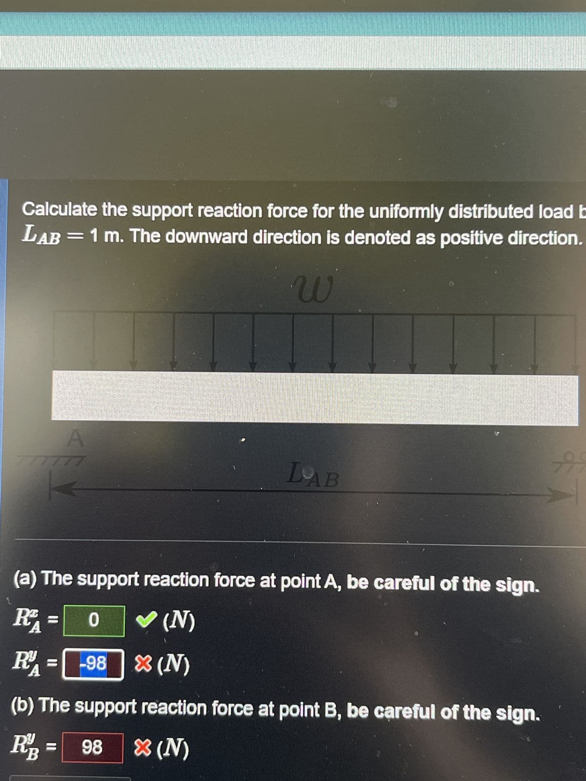 Calculate the support reaction force for the uniformly distributed load b
LAB = 1 m. The downward direction is denoted as positive direction.
W
A
777777
LAB
(a) The support reaction force at point A, be careful of the sign.
RA
0
✔ (N)
R
R = -98 (N)
(b) The support reaction force at point B, be careful of the sign.
RB =
* (N)
98
599