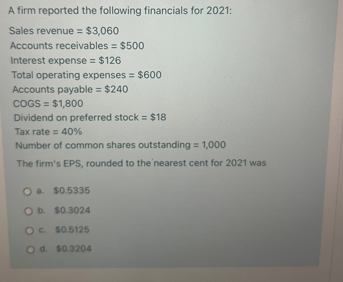 A firm reported the following financials for 2021:
Sales revenue =
$3,060
Accounts receivables = $500
%3D
Interest expense = $126
Total operating expenses = $600
%3D
Accounts payable = $240
%3D
COGS = $1,800
%3D
Dividend on preferred stock = $18
Tax rate = 40%
Number of common shares outstanding = 1,000
%3D
The firm's EPS, rounded to the nearest cent for 2021 was
a. $0.5335
b. $0.3024
Oc. $0.5125
Od. $0.3204
