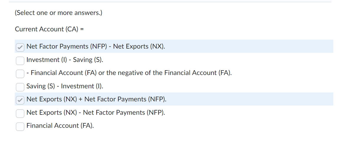 (Select one or more answers.)
Current Account (CA) =
Net Factor Payments (NFP) - Net Exports (NX).
Investment (I) - Saving (S).
- Financial Account (FA) or the negative of the Financial Account (FA).
Saving (S) - Investment (I).
Net Exports (NX) + Net Factor Payments (NFP).
Net Exports (NX) - Net Factor Payments (NFP).
Financial Account (FA).
