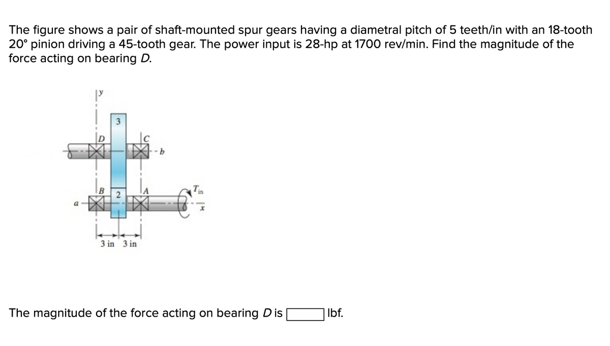 The figure shows a pair of shaft-mounted spur gears having a diametral pitch of 5 teeth/in with an 18-tooth
20° pinion driving a 45-tooth gear. The power input is 28-hp at 1700 rev/min. Find the magnitude of the
force acting on bearing D.
3
2
3 in 3 in
The magnitude of the force acting on bearing Dis
lbf.