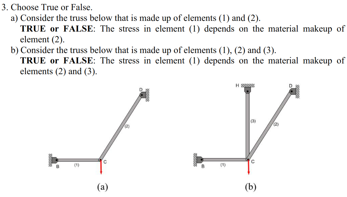 3. Choose True or False.
a) Consider the truss below that is made up of elements (1) and (2).
TRUE or FALSE: The stress in element (1) depends on the material makeup of
element (2).
b) Consider the truss below that is made up of elements (1), (2) and (3).
TRUE or FALSE: The stress in element (1) depends on the material makeup of
elements (2) and (3).
HW
(2)
(2)
(1)
B
C
(a)
B
(1)
(3)
с
(b)